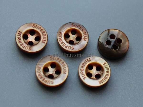 Brown MOP shell buttons with logo carved
